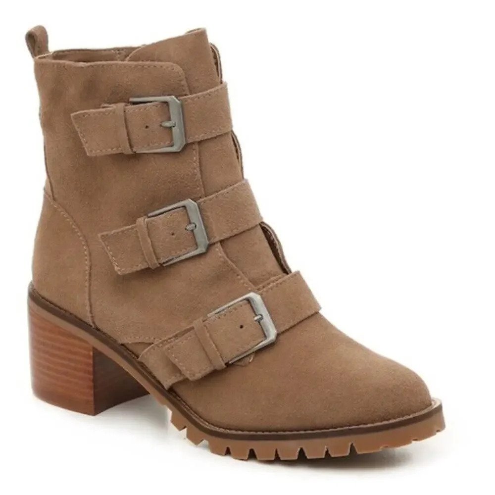 Crown Vintage Asisa Tan Suede Leather Triple Buckle Moto Boots Size 8.5 Women’s